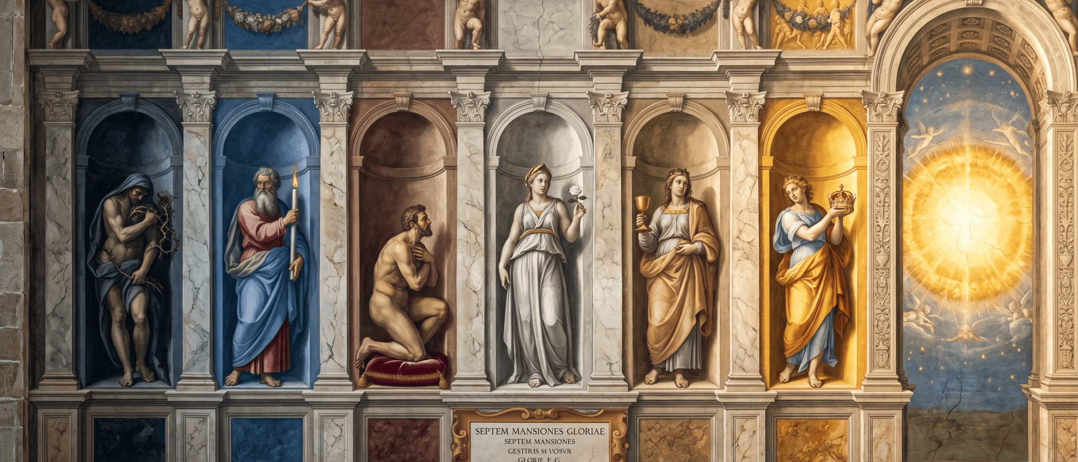Cross-section of the seven mansions of the Interior Castle — from a soul in sin on the left to perfect union with God on the right